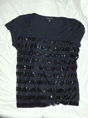 Banana Republic Black Short Sleeve Sequin Stripe Top